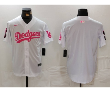 Men's Los Angeles Dodgers Team Big Logo White Pink Vin & Kobe Patch Stitched Baseball Jersey