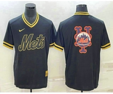 Men's New York Mets Big Logo Black Gold Nike Cooperstown Legend V Neck Jersey