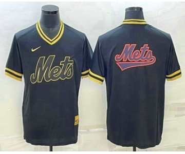 Men's New York Mets Big Logo Black Gold Nike Cooperstown Legend V Neck Jerseys