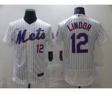 Nike Men's New York Mets #12 Francisco Lindor White Home Flex Base Authentic Collection Baseball Jersey