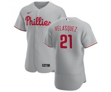 Men's Nike Philadelphia Phillies #21 Vince Velasquez Gray Road 2020 Authentic Player Baseball Jersey