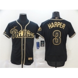 Men's Nike Philadelphia Phillies #3 Bryce Harper Black Gold Flex Base Baseball Jersey