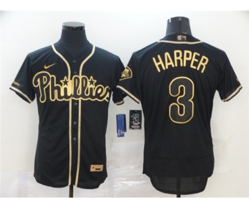 Men's Nike Philadelphia Phillies #3 Bryce Harper Black Gold Flex Base Baseball Jersey