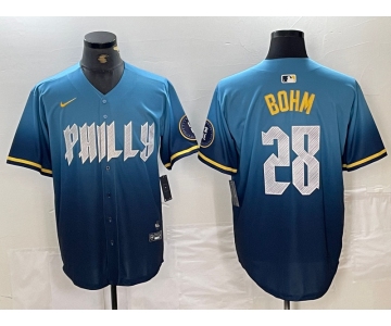 Men's Philadelphia Phillies #28 Alec Bohm Blue 2024 City Player Number Cool Base Stitched Jersey