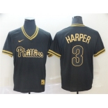 Men's Philadelphia Phillies #3 Bryce Harper Authentic Black Gold Fashion Baseball Jersey