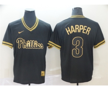 Men's Philadelphia Phillies #3 Bryce Harper Authentic Black Gold Fashion Baseball Jersey