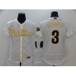 Men's Philadelphia Phillies #3 Bryce Harper Authentic Whtie Gold Fashion Flex Base Baseball Jersey