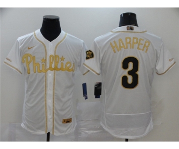 Men's Philadelphia Phillies #3 Bryce Harper Authentic Whtie Gold Fashion Flex Base Baseball Jersey