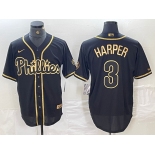 Men's Philadelphia Phillies #3 Bryce Harper Black Gold Cool Base Stitched Baseball Jersey