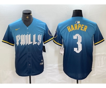 Men's Philadelphia Phillies #3 Bryce Harper Blue 2024 City Connect Limited Stitched Jersey