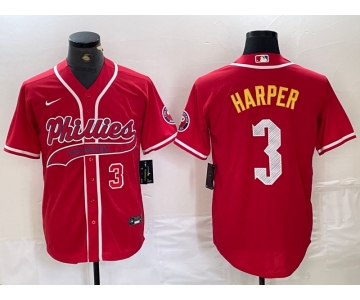 Men's Philadelphia Phillies #3 Bryce Harper Number Red Cool Base Stitched Baseball Jersey