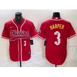 Men's Philadelphia Phillies #3 Bryce Harper Number Red Cool Base Stitched Baseball Jerseys