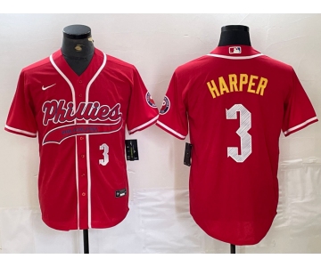 Men's Philadelphia Phillies #3 Bryce Harper Number Red Cool Base Stitched Baseball Jerseys