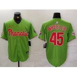 Men's Philadelphia Phillies #45 Zack Wheeler Green With Patch Stitched Cool Base Nike Jersey