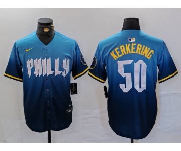 Men's Philadelphia Phillies #50 Orion Kerkering Blue 2024 City Connect Limited Stitched Jersey