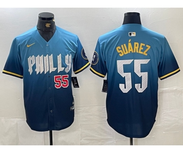 Men's Philadelphia Phillies #55 Ranger Suarez Blue 2024 City Player Number Cool Base Jerseys