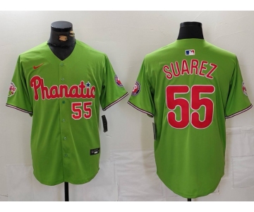 Men's Philadelphia Phillies #55 Ranger Suarez Number Green With Patch Stitched Cool Base Nike Jersey