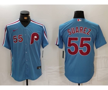 Men's Philadelphia Phillies #55 Ranger Suarez Number Light Blue Cooperstown Cool Base Jersey