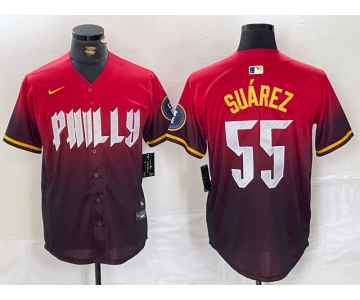 Men's Philadelphia Phillies #55 Ranger Suarez Red 2024 City Player Number Cool Base Jersey