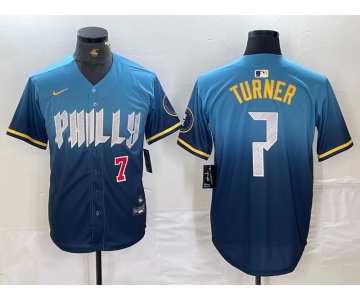 Men's Philadelphia Phillies #7 Trea Turner Number Blue 2024 City Connect Limited Stitched Jerseys