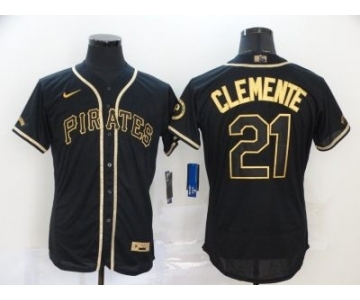 Men's Nike Pirates #21 Roberto Clemente Black Gold 2020 Baseball Flexbase Jersey