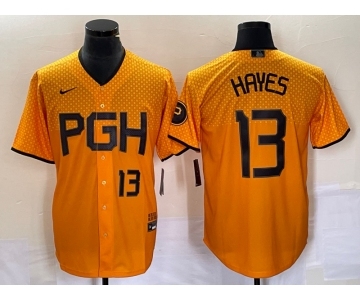 Men's Pittsburgh Pirates #13 KeBryan Hayes Number Gold 2023 City Connect Stitched Jersey1