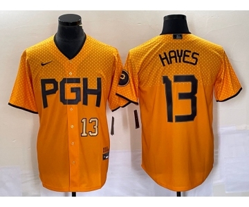 Men's Pittsburgh Pirates #13 KeBryan Hayes Number Gold 2023 City Connect Stitched Jersey2