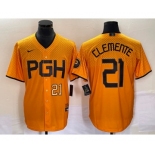 Men's Pittsburgh Pirates #21 Roberto Clemente Number Gold 2023 City Connect Stitched Jersey2