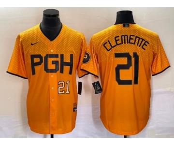 Men's Pittsburgh Pirates #21 Roberto Clemente Number Gold 2023 City Connect Stitched Jersey2