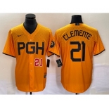 Men's Pittsburgh Pirates #21 Roberto Clemente Number Gold 2023 City Connect Stitched Jersey