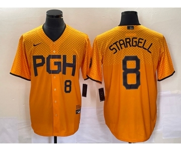 Men's Pittsburgh Pirates #8 Willie Stargell Number Gold 2023 City Connect Stitched Jersey 1