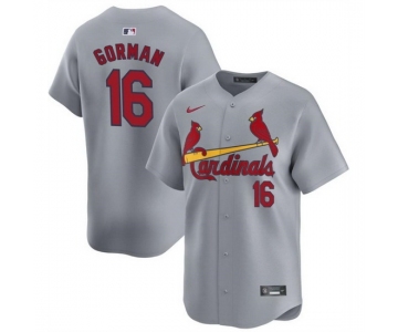 Men St Louis Cardinals #16 Nolan Gorman Grey 2024 Away Limited Stitched Baseball Jersey