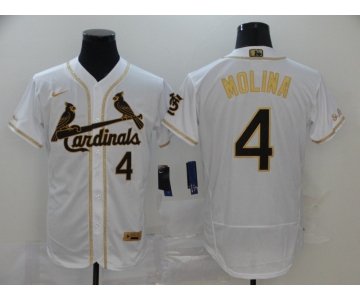 Men's Nike St. Louis Cardinals #4 Yadier Molina White Gold Fashion Flex Base Authentic Collection Baseball Jersey