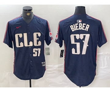 Men's Cleveland Guardians #22 Shane Bieber Number Navy 2024 City Connect Limited Stitched Jersey