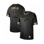 Men's Cleveland Indians #12 Francisco Lindor Authentic Black Gold Fashion Baseball Jersey