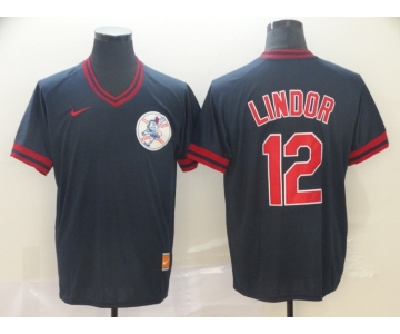 Men's Nike Cleveland Indians #12 Francisco Lindor Navy Blue M&N MLB Jersey