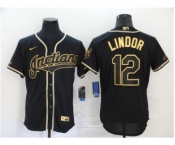 Men's Nike Indians #12 Francisco Lindor Black Gold 2020 Baseball Flexbase Jersey