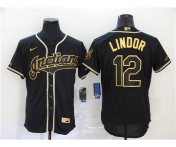 Men's Nike Indians #12 Francisco Lindor Black Gold 2020 Baseball Flexbase Jersey