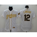 Nike Men's Cleveland Indians #12 Francisco Lindor White Gold  Home Flex Base Authentic Collection Baseball Jersey