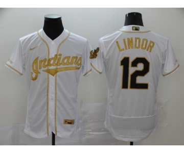 Nike Men's Cleveland Indians #12 Francisco Lindor White Gold  Home Flex Base Authentic Collection Baseball Jersey