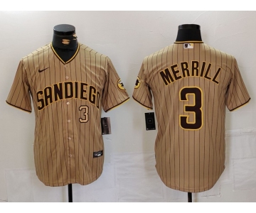 Men's San Diego Padres #3 Jackson Merrill Tan NEW 2023 Cool Base Stitched Jerseys