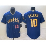 Men's Seattle Mariners #10 Jarred Kelenic Number Blue 2023 City Connect Cool Base Stitched Jersey