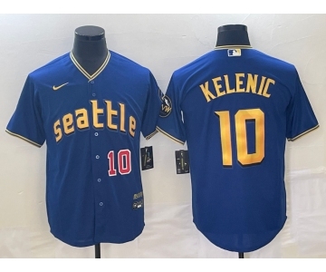 Men's Seattle Mariners #10 Jarred Kelenic Number Blue 2023 City Connect Cool Base Stitched Jersey