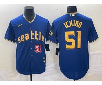 Men's Seattle Mariners #51 Ichiro Suzuki Number Blue 2023 City Connect Cool Base Stitched Jersey1