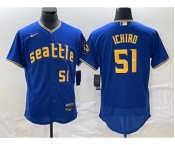 Men's Seattle Mariners #51 Ichiro Suzuki Number Blue 2023 City Connect Flex Base Stitched Jersey 1