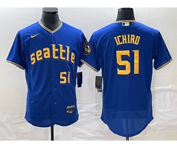 Men's Seattle Mariners #51 Ichiro Suzuki Number Blue 2023 City Connect Flex Base Stitched Jersey 1