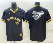 Men's Toronto Blue Jays Big Logo Black Gold Nike Cooperstown Legend V Neck Jersey