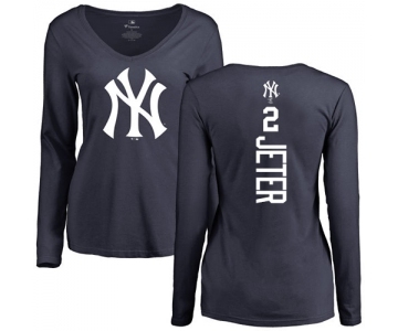 MLB Women's Nike New York Yankees #2 Derek Jeter Navy Blue Backer Long Sleeve T-Shirt