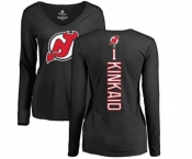 Hockey Women New Jersey Devils #1 Keith Kinkaid Black Backer Long Sleeve T-Shirt