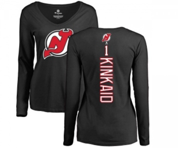 Hockey Women New Jersey Devils #1 Keith Kinkaid Black Backer Long Sleeve T-Shirt